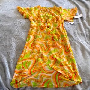 Swirly orange and green flow dress